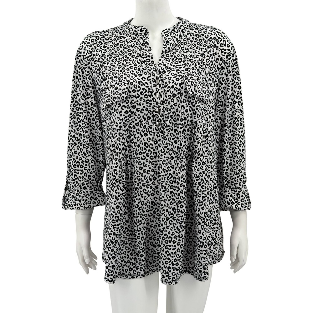 Cocomo Top Women 2X White Black Leopard Stretch Office Work Safari V-Neck Preppy